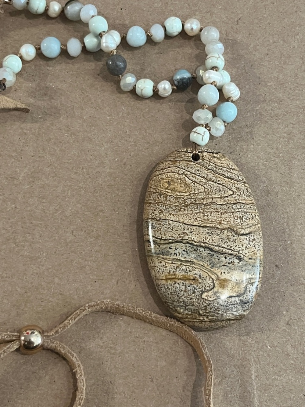 Vintage jasper  Stone Pendant Necklace - Light Blue and Beige